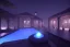 Placeholder:  courtyard ,pool , night time , unity, scriptable render pipeline , lighting , volumetric , global illumination, fog ,blue emission , purple tone.