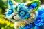 Placeholder: closeup, sharp focus, cute faced happy bioluminescent mohair fantasy steampunk animal cat creature, needle felt, big shiny blue eyes S<AI in sunshine, flower pattern background