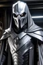Placeholder: hassium element super villain with H on chest hair with metallic gray suit and silvery white mask and cape