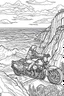 Placeholder: An eagle glides effortlessly over the immense, rugged grandeur of the Grand Riding a powerful motorcycle along a winding coastal road, the rider hugs the cliffs' edge, overlooking a tumultuous sea crashing onto jagged rocks. The sheer cliffs, relentless waves, and the motorcycle's speed highlight the exhilarating and powerful connection with the untamed coastal wilderness..coloring book page, simple and clean line art, adult drawing book, black and white, crisp black lines, no shades, sharp line