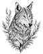 Placeholder: realistic wolf tattoo idea, line art, background, vector, svg, black outline on white background, leave plenty of white space beetween lines for coloring, tattoo style, tattoo idea,full body