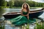 Placeholder: shot from front ,green field and wild flower field ,beautiful face girl in pretty dress curly hair sitting in a boat in water toward camera in trees next to wavy river with clear water and nice sands in floor.camera capture from her full body front, spring blosom walking to camera ,wild flowers moving in the wind ,blue sky,moving pretty clouds ,joy full facet.