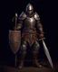 Placeholder: a character in a video game wearing a metal helm, leather armor, wooden shoes, mace, shield, magic bracelet, high quality, beautiful, detailed