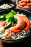 Placeholder: A picture of a spicy and flavorful bowl of white rice with tuna, salmon, shrimp, and spicy mayo.