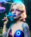 Placeholder: Ultra realistic wonderland photo, happy blonde woman smoking a shisha, blue dress, big purple-cat friend, circus dress style, old school tattoo, smoke, marijuana garden, glow eyes, perfect iris, soft color, highly detailed, unreal engine 5, cinematic, ultra detail, volumetric lighting, high definition.