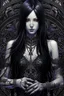 Placeholder: a woman with dark purple-black long hair and black tattoos on her body, a cold, indifferent expression, silver and black onyx jewelry, black lace dress, cybernetics, crepy stunning anthropomorphic female, Minjae Lee vibe, cbybernetic and etheral human, ancient deity, by Vincent Lefevre and Yoshitaka Amano, stunning 3d