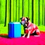 Placeholder: Generate a red dog in a forest background with blue coolers