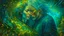 Placeholder: old worn layered canvas, Surrealism, Captivating realistic painting of a MAN, Medium ground, vibrant gold splashes, Multiple exposure, fluffiness, Their faces are BRIGHTLY LITTLE, his hair blends into swirling fractal vines and tree roots, dark green foliage, HE HUGS THE WOMAN, WINGS, Their faces are brightly lit, Flowing hair dissolves into intricate patterns of blue waterfall, Night-time tiny glowing fireflies, Set against a hazy ethereal background, Flashes, Space, Gold fragments, Gold partic