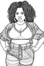 Placeholder: black curvy woman eyes front camera coloring page fashion style full body