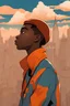 Placeholder: portrait in profile of a young African American teenager with an orange conedison his head. Large clouds of steam rise from the end of the cone on his head. With New York in the background. Made in the style of "Spider-Man: Into the Spider-Verse"