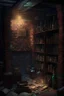 Placeholder: A dark, dingy brick dungeon, with a small hanging shelf holding six vintage bottles of various sizes, and books scattered on the floor