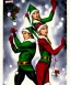 Placeholder: two elves. woman and man. stand apart. Christmas scene. poster. marvel comic.