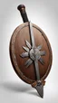 Placeholder: round wooden battered shield with a metal rim, laying on the floor, with a sword on one side, and a bow on the other, white background
