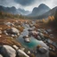 Placeholder: Moebius style ,landscape, many colors, detailed, colorize, white background a hills, High Tatras, Slovakia, mountains and the velke hincove pleso in the mist, under the pleso is the stream with few smaller waterfasls or rock tresholds. Just ther rocks scenery without trees, trees are seen in the deep in the valley. Aerial scene. Infuse the scene with sunlight, conveying a cozy and tranquil atmosphere. a white background 9:11