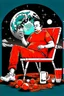 Placeholder: simple scene, Elon musk sitting on the moon on an orange couch eating popcorn, looking unamused at planet earth,. selective colours