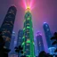 Placeholder: A big city high towers buildings , ultra HD, in 8K, no one sees what you see in the buildings , Tiene rare colors bioluminescence, in all the paleta of colors, its extra colors, its tall filaments of pilosos that parecen cobrar vida. The tree creates an alien forest, illuminated by a warm ray of light. Destaca the extraterrestrial environment and the hojas de la hierba.Style: Hi