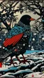 Placeholder: A contemporary serigraphy by Matisse and Kunisada of a human-like crow adorned in a punk leather jacket within a snowy Christmas atmosphere.