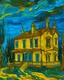 Placeholder: A yellow haunted mansion in a thunderstorm designed in Mexican folk art painted by Vincent van Gogh
