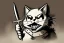 Placeholder: Cat diabolical smiling with a bloody knife with blood. Comic style