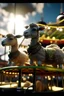 Placeholder: zoom shot on sheep ghosts with sun glasses on a carousel on a factory roof in storm, bokeh like f/0.8, tilt-shift lens 8k, high detail, smooth render, down-light, unreal engine, prize winning, in the style of fallout 4 and gta 4