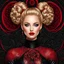 Placeholder: "full body portrait in close up of Pretty woman , pretty eyes, red lips, blond curly hair with bun, black shiny latex dress, black red complex background ,intricate swirls, tiny circles,, , vector fractal, wave function, Zentangle, 3d shading)"