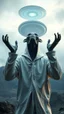 Placeholder: The creature from the the movie Prometheus with white hooded clothes raises hands up and looking up at ufo in the sky front view