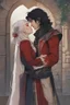 Placeholder: A couple from the dnd game curse of Strahd kissing. She has white hair he has long black hair. Romantic, sweet, loving, possessive, protective, kiss