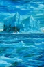 Placeholder: An indigo glacial ocean with giant icebergs designed in Mayan architecture painted by Vincent van Gogh