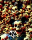 Placeholder: a picture of a dark, comedic, take on the deaths on the dangerous 50's show The Mickey Mouse Club, pluto's skull, minnie's skull, goofy's skull on dispaly, anatomically correct wall of tightly packed stacked skulls of varying sizes and expressions, all wearing mickey mouse ears, battle damaged, photo realistic, insanely meticulous, highly detailed, part of a collection of bones on display, dystopian, anatomically correct, war trophies, memorabilia,