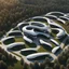 Placeholder: Complex of ten oval cabins, Zaha Hadid style, aerial view, ultra quality, hyper-detailed, digital art, 8k 3D, trees, parking lots, people