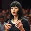 Placeholder: Female with straight dark hair and bangs with a full Vestigial synthetic mechanical face implant and ersatz multi-modal gadget facial appendages giving a speech, absurd psychology, metaphoric situational photograph, background is a TED talk symposium with crowd,