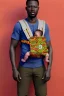 Placeholder: futuristic baby carrier in Kente, rusted clocks eyes, cinematic, scaffolding, ghana flag, african pattern symbols, black star, engraved, 8k quality