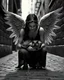 Placeholder: Prompt: An closeup portrait of a ultra-realistic black-and-white cinematic photograph with dramatic chiaroscuro lighting and a soft depth-of-field, inspired by fine art street photography. A guardian-like angelic woman with large, detailed wings crouches protectively in a narrow cobblestone alley, gently holding a sleeping Oriental Shorthair Siamese chocolate point cat in a clearly protective and caring posture, conveying safety, warmth, and compassion. The alley is enclosed by tall urban buildi
