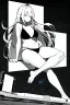 Placeholder: bikini long hair thin girl with leg in abyss pool, greyscale, cool pose, screen tones