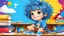Placeholder: detailed digital art style, cute anime, detailed chibi face with smile, sitting on school desk in hand a bear toy, in colorful t-shirt and short paint and blue shooes, , messy hair random drawing background, child book style, highly detailed, no photorealism
