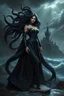 Placeholder: A powerful woman with dark, flowing hair resembling tentacles, wearing a dramatic black gown with intricate silver details, standing on a rocky shore with crashing waves. The background features a dark, gothic landscape with towering cliffs and a mysterious castle. The sky is filled with ominous clouds, adding to the dark, fantasy atmosphere. The scene is illuminated with soft, eerie light, highlighting the woman's regal and commanding presence. Digital painting, high contrast lighting, highly d