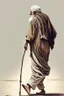 Placeholder: An old man wearing an Arabic keffiyeh, his back bent, walking barefoot, holding his cane upside down, looking back and holding his shoe in his hand.