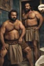 Placeholder: two ugly angry muscular chubby arabs 33 years old similar to bud spencer, very detailed, full figure shot, very realistic photography, dim light, view from below, tiled restroom, tattoo, masculine bearded, mature barely burly bearded muscled and robust, photorealistic, strong side light