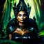 Placeholder: Morena Baccarin as a beautiful sexy dark elf queen seated elegantly on a throne in a mystical forest, dark celtic vignette frame, photo-realistic, cinematic lighting, award-winning photography