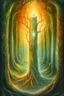 Placeholder: Ace of wands tarot card with a dreamy and mystical appearance magical runes glowing, shiny and shimmering, drawn with crayons, mystical moonlit forest background, ethereal aura surroundings, soft and dreamy color palette, artistic, hand-drawn, mystical, fantasy, moonlit forest, glowing runes, ethereal aura, soft color palette, dreamy lighting with orange and green patterns