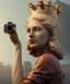 Placeholder: Statue of Queen of photography. Cute blonde woman. Photographer in golden crown. Standing on the street. Big camera in her hand. hyperdetailed, photorealistic, trending on artstation, greg rutkowski, beksinski, kodachrome