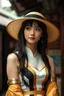 Placeholder: A beautiful Japanese woman wearing a flat golden hat and a white and gold sleeveless dress with black block accents looks affectionately ahead, wearing two golden armbands on her arms and a delicate gold White and white bracelet, cyberpunk