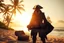 Placeholder: create a wide surreal scene of a pirate standing on a golden beach with a treasure chest full of coins in front of him, palms and tropical vegetation behind, pirate ship floating in the ocean. The pirate’s figure is semi-transparent, showing the chest, ship and coastline within his silhouette in a glowing double exposure. Ocean breeze in his coat, warm sunset tones, rich natural details, fantasy realism --v 7 --style raw --ar 16:9