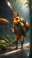 Placeholder: pole vault, magazine cover, metallic yellow orange donkey turtle chivalry knight with friendly cute face and hair locks in dark lit reflective wet jungle metallic hall dome hotel tunnel, in the style of fallout 4 game,bokeh like f/0.8, tilt-shift lens 8k, high detail, smooth render, down-light, unreal engine, prize winning