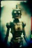 Placeholder: steampunk, vintage analog polaroid of a woman robot, female body, fog, lomography, heavy film grain, night, color bleed, depth of field, bokeh, retro