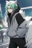 Placeholder: In anime, an anthropomorphic male character with white fur, white-and-green-haired, white-skinned, green-eyed, wolf ears, whiskers, a black hoodie, and black pants, is on the street in the massive capital, 8K resolution, high quality, ultra graphics, and detailed with lines.,((street, white car showcase)), aesthetic, hyper realistic, glowing lights