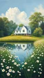 Placeholder: A house made out of white fathers by the lake designed in a field of white wild flowers paintings painted by Paul Ranson ,