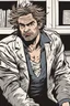 Placeholder: sarcastic deranged man with messy hair and stubble comic book style