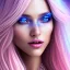 Placeholder: beautiful, soft, smiling face, whole head, long straight blonde hair blues eyes, crown on the head, clothing in transparent bluish and pink veil, background brillante bluish and pink, hight definition, 8K