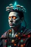 Placeholder: Elon Musk as a surreal, godlike figure—a fusion of AI, reptilian, and mushroom elements. His skin has a subtle, scaled texture with a bioluminescent glow, and his eyes glow with a high-tech, AI-like intensity. A crown made of circuit boards and mushrooms rests on his head, symbolizing his dominion over both technology and nature. His regal robes are intertwined with vines, glowing wires, and futuristic patterns.